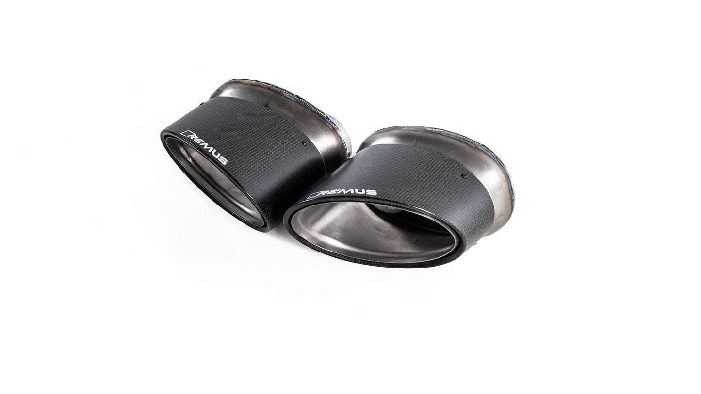 Remus Valved Resonated Turbo-Back Exhaust, Dual Exit Left/Right, 2x Carbon Fibre Oval Tailpipes 175x108 mm, for Audi S3 8V/8VA Sportback Facelift 2.0 TFSI Quattro (2016+, 228 kW), EEC Approved, Stainless Steel, No GPF/OPF