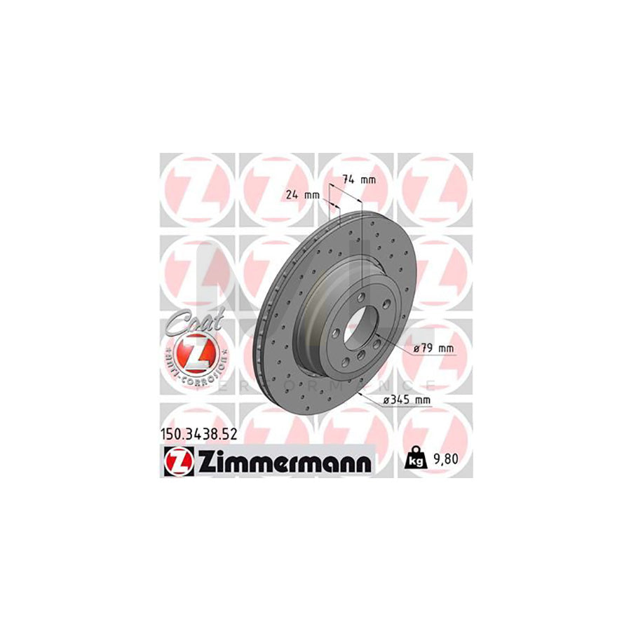 Zimmermann Coat Z Sport Brake Disc Rotor 150.3438.52 (150343852) for BMW 7 Series E65 E66 E67 (2001-2008), 345mm x 24mm, High-Carbon, Cross-Drilled & Vented, Anti-Corrosion Coated Performance Replacement Brake Disc