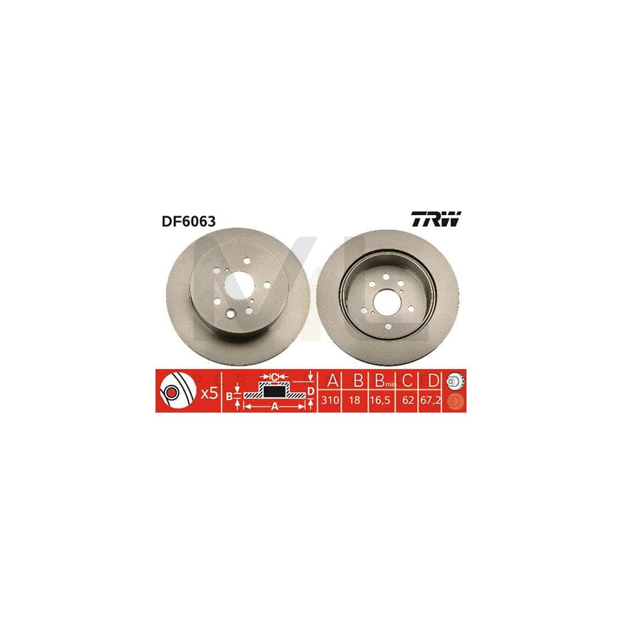 TRW DF6063 Coated Vented (Ventilated) Brake Disc / Brake Rotor 310mm x 18mm (310 x 18), 5-Stud 5-Hole – Anti-Rust Anti-Corrosion Painted Finish, OE Spec OEM Quality Replacement