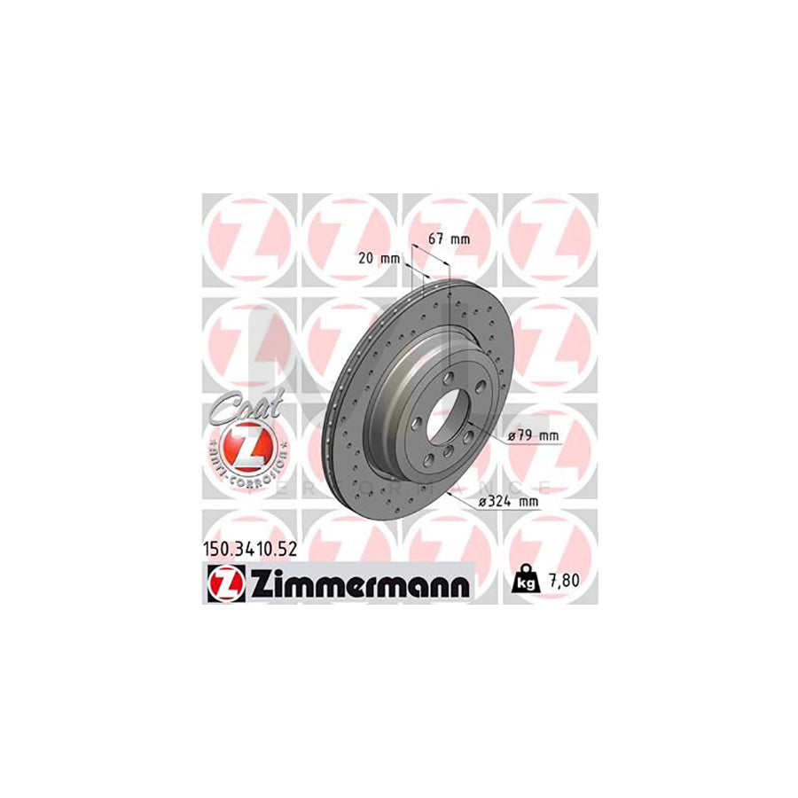 Zimmermann Coat Z Sport Rear Brake Disc Rotor 150.3410.52 for BMW 7 Series E65 E66 E67 – 324x20mm, Drilled/Perforated & Vented, High-Carbon, Anti-Rust Coated | Performance Replacement Upgrade