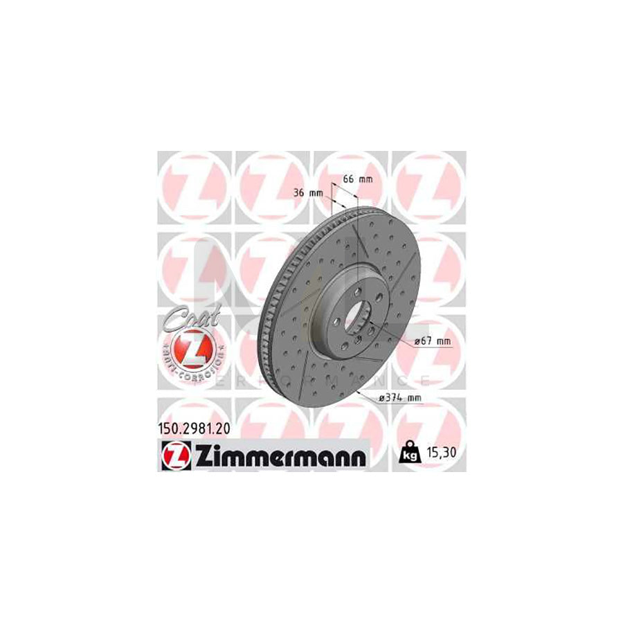 Zimmermann 150.2981.20 High-Carbon Anti-Corrosion Coated Slotted/Grooved & Dimpled Brake Disc Rotor 374x36mm, Internally Vented - Performance Sport Uprated Front Disc for BMW 3 Series, Fast Road/Rust-Resistant Upgrade