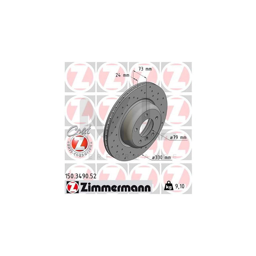 Zimmermann Coat Z Sport Brake Disc/Brake Rotor 150.3490.52 (150349052) for BMW Z4 Roadster E89 2009–2016 – Cross-Drilled Perforated, Internally Vented, High-Carbon, Anti-Corrosion Coated – 330mm x 24mm