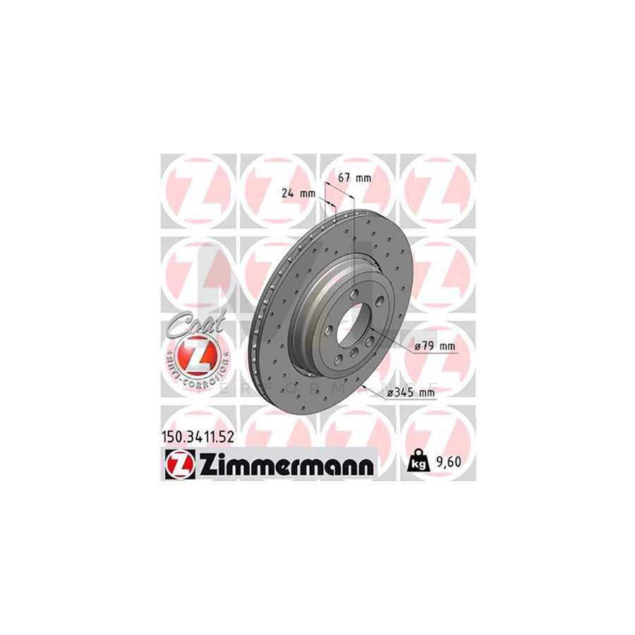 Zimmermann Sport Coat Z Brake Disc Rotor 150.3411.52 for BMW 7 Series E65 E66 E67 | Cross-Drilled & Vented, High-Carbon, Anti-Rust Coated | 345mm x 24mm OE Replacement Performance