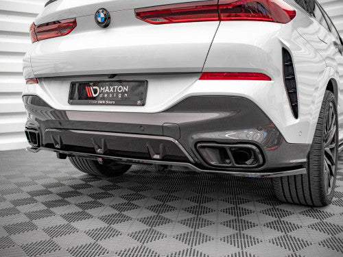 Maxton Design Gloss Piano Black Rear Diffuser/Centre Splitter with Vertical Fins for BMW X6 G06 M Sport (M-Pack) 2019-On - Rear Bumper Extension Valance Lip, Lower Spoiler Apron Insert
