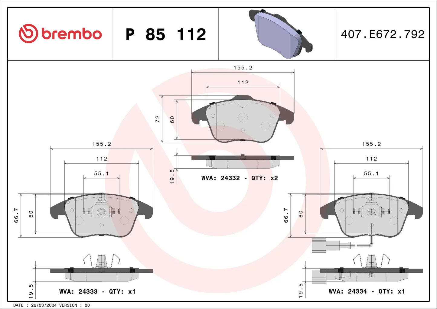 Brembo P 85 112 Brake Pad Set with Piston Clip for Teves Calipers - Fits Audi Q3/RS Q3, VW Tiguan/Sharan/Passat NMS, SEAT Alhambra - OE Replacement Pads (P85112)