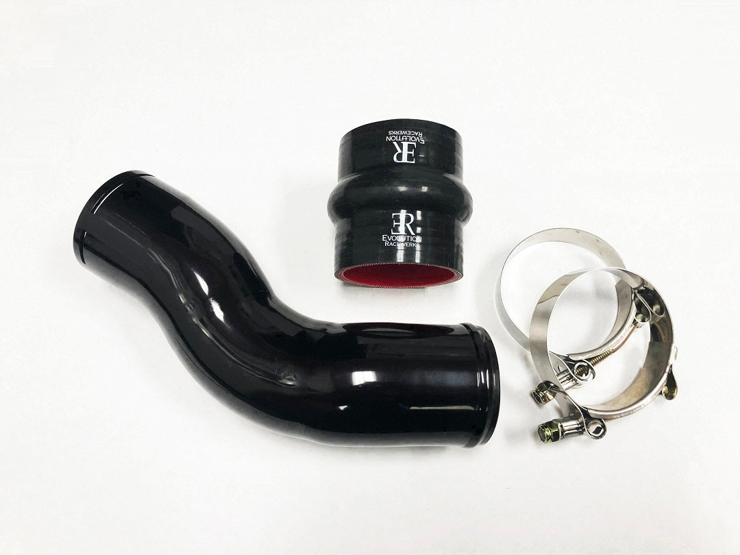 Evolution Racewerks ER N55 Turbo Outlet to Intercooler Charge Pipe (TIC) - Boost Pipe/Hot-Side Discharge Pipe - BMW E82/E88 135i 2010-2013, E90/E91/E92/E93 335i/335xi 2010-2012, E84 X1 35i 2012-2015 - 2.5in 6061 Alloy, CNC O-ring Lock, Black Anodised