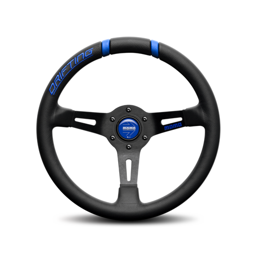 Momo Street Drifting 330mm Deep Dish Steering Wheel - Black Leather, Blue Inserts & Horn Button - Performance Racing Drift Track Aftermarket Tuner - Approx 88mm Dish, Black/Anthracite Spokes