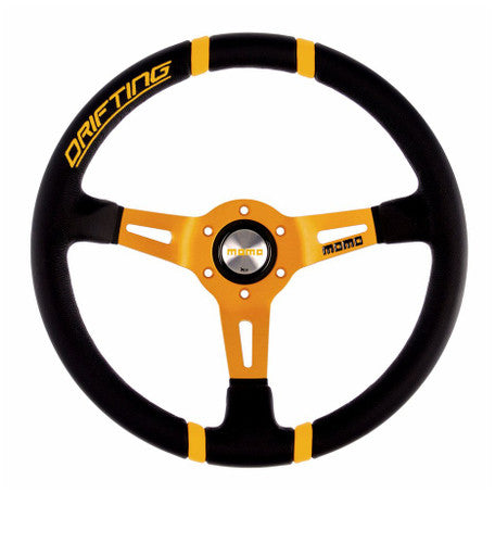 Genuine MOMO Drifting 350mm Deep Dish Racing/Drift Steering Wheel – Black Leather with Orange Inserts | 3-Spoke Universal Aftermarket Sports Wheel | Approx 90mm Dish | MOMO Racing Wheel UK | Track/Street Performance | Embroidered DRIFTING Logo | 6x70 PCD