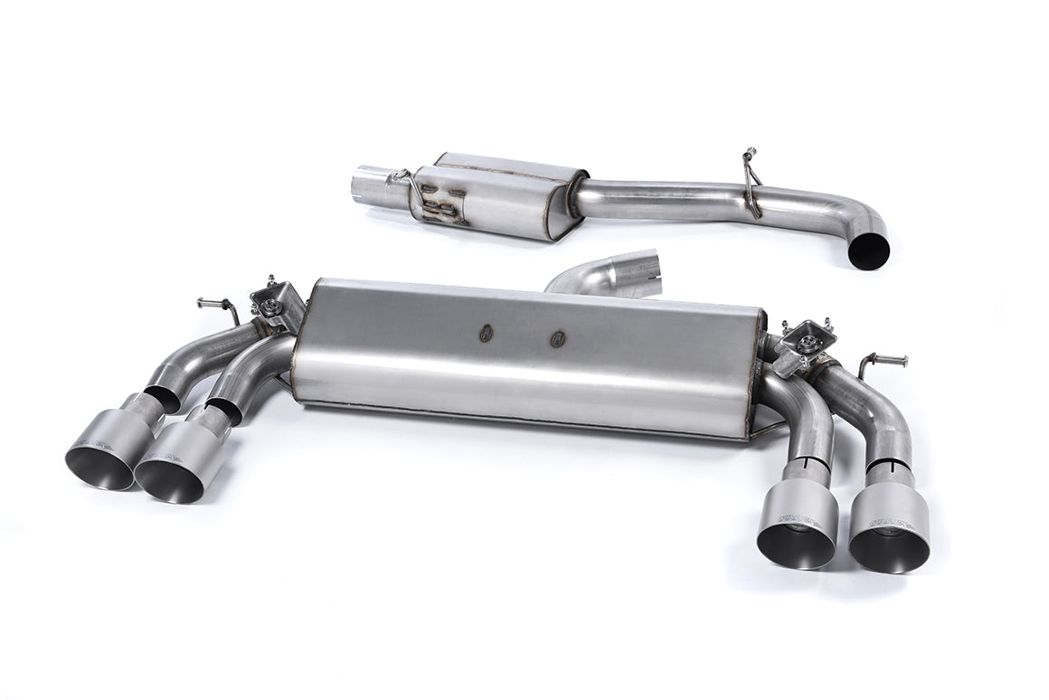 Milltek Cat-Back/Catback Performance Exhaust System for VW Golf R Mk7 2.0 TSI 300PS (2014-2016) – 3in/76mm T304 Stainless, Valved or Non-Valved, Resonated/Non-Res, ECE Type-Approved, Quad GT-100 Tips (Polished, Cerakote Black, Titanium, Burnt) – SSXVW406