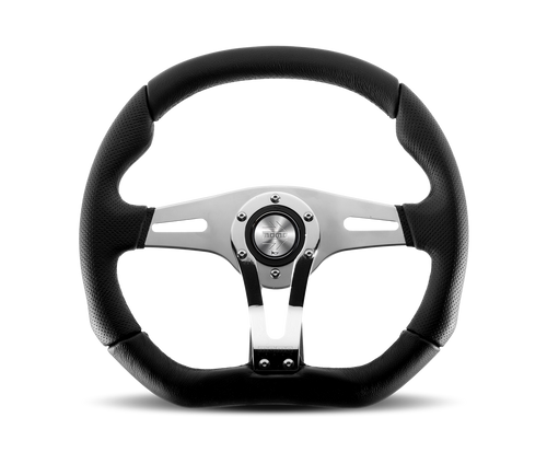 MOMO Street TREK R 350mm (13.8") Sports Steering Wheel – Black Leather, Polished/Chrome 3-Spoke, 40mm Shallow Dish – Racing/Drift/Rally Style, Universal Aftermarket Fit for Boss/Hub Adapters