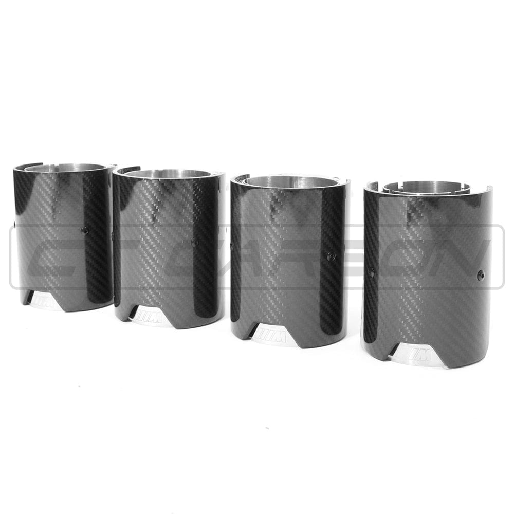 BMW M2/M2 Competition, M3, M4, M5 (F10 F80 F82 F83 F87) Carbon Fibre/Fiber Exhaust/Tailpipe Tips – High Gloss Chrome Look – Quad Exhaust Tip Finishers x4 | M Performance Style Exhaust Tip Covers/Trims by CT Carbon