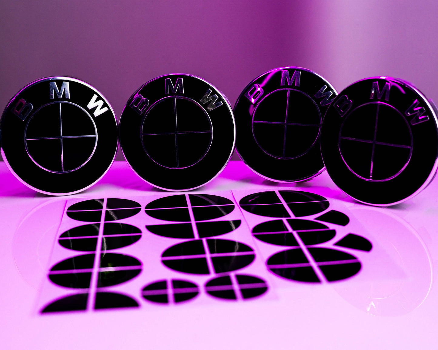 BMW Black Roundel Overlay Kit – Piano Gloss Black Badge/Emblem Logo Covers Decals (Bonnet, Boot, Steering Wheel, Wheel Centre Caps) Vinyl Blackout Roundel Delete De‑Blue Stickers Skin – Made in UK