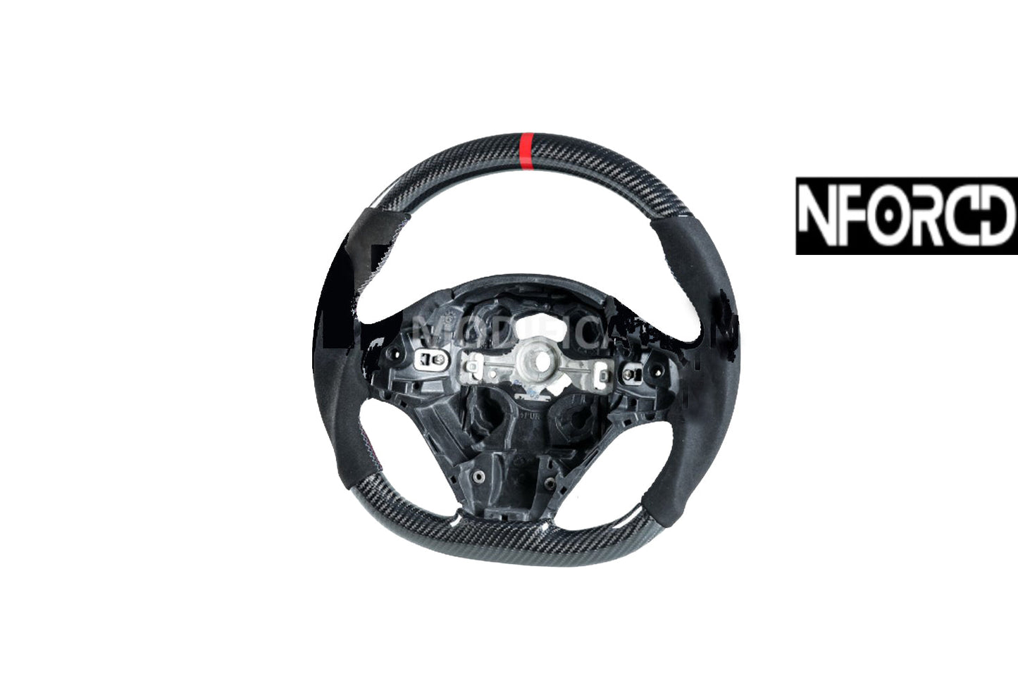 Carbon Fibre & Suede Flat Bottom Steering Wheel with Red Accents for BMW F-Series (F20 F21 F22 F23 F30 F31 F34 F35 F32 F33) 1 2 3 4 Series, M-Colour Stitching, OEM Replacement Performance Style