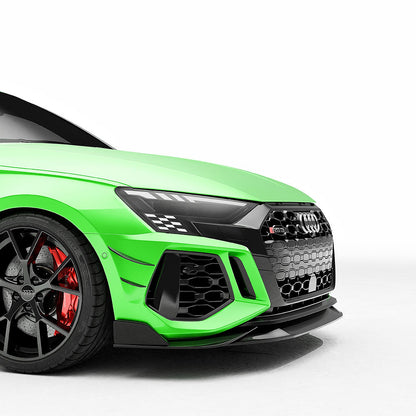 Audi RS3 8Y Carbon Fibre Front Canards, Dive Planes & Winglets – CT Design Gloss Carbon Fiber Bumper Fins Aero Blades – 2022, 2023, 2024 Sportback & Saloon Front Bumper Add-On Styling Kit | OEM+ Body Kit Upgrade