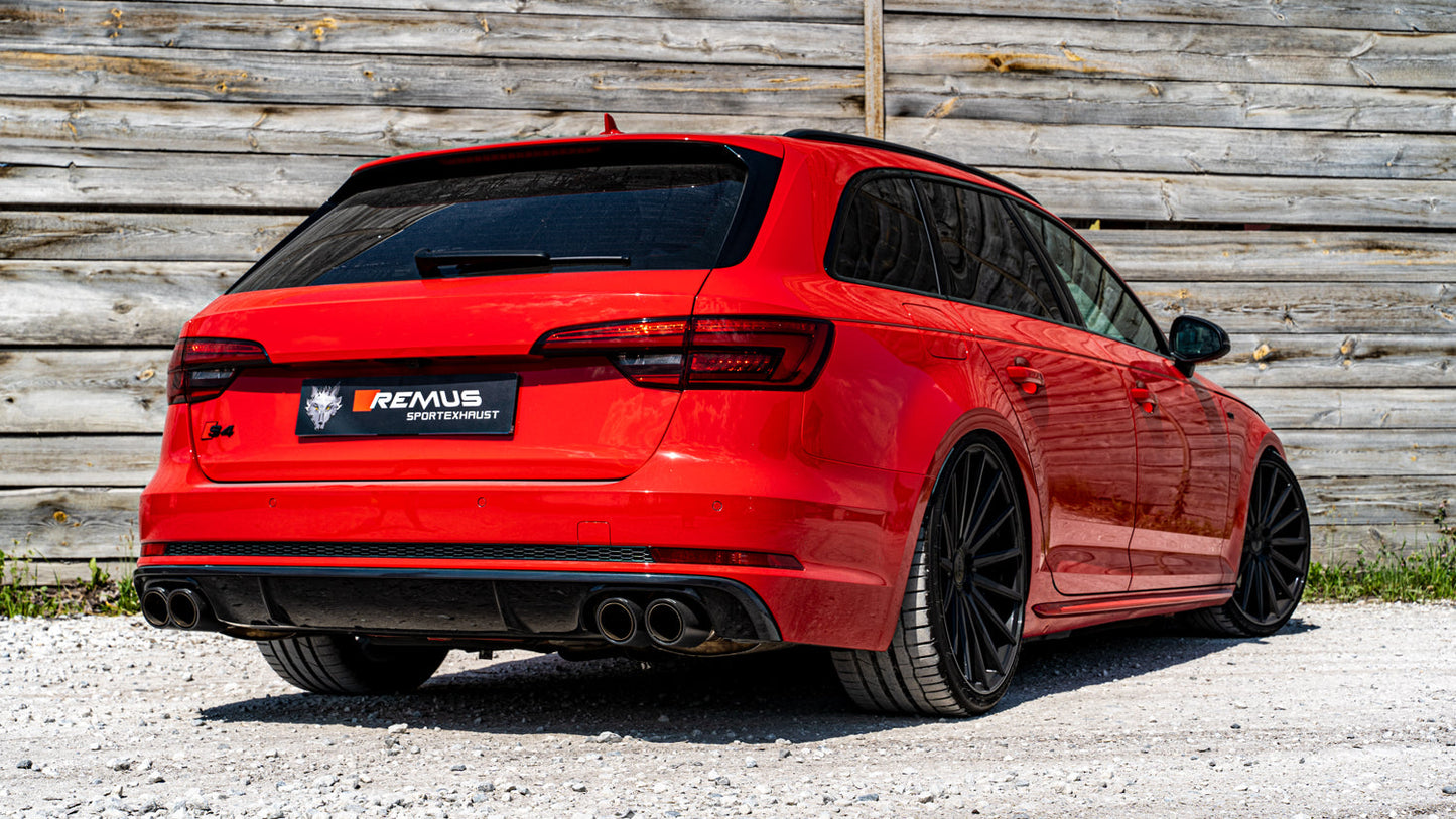 Remus Valved Cat-Back Catback Sports Exhaust for Audi S4 B9 Avant Estate/Wagon 3.0T V6 (2016+, No OPF/GPF) - Non-Resonated, Quad 84mm Tailpipes, Stainless Steel, ECE/EEC Approved, Switchable Flap/Active Valve, Quad Exit