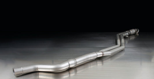 Resonated Cat back System with Racing Rear Silencer with Integrated valves using that use the OE valve control system from BMW with 2 tail pipes with 84 mm diameter tip. The tips are Street Race Black Chrome, straight, carbon insert. 2 tail pipes Ã˜ 84 mm Street Race Black Chrome, straight, carbon insert. Diameter 84mm. For BMW 1 Series F20/F21, LCI M135i, 240 kW, N55B30 2012-15