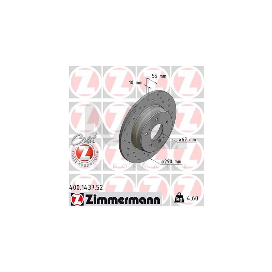 Zimmermann Coat Z 400.1437.52 Cross-Drilled/Perforated Brake Disc Rotor 290mm x 10mm Solid (Non-Vented) - Anti-Rust/Anti-Corrosion Coated Hat & Edge - OEM Direct Fit Performance Replacement