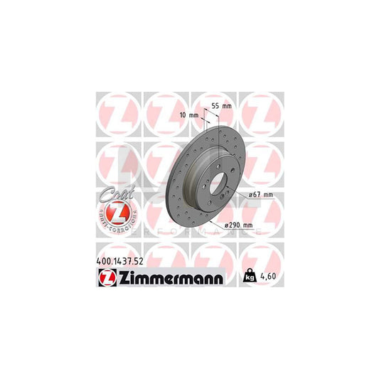 Zimmermann Coat Z 400.1437.52 Cross-Drilled/Perforated Brake Disc Rotor 290mm x 10mm Solid (Non-Vented) - Anti-Rust/Anti-Corrosion Coated Hat & Edge - OEM Direct Fit Performance Replacement