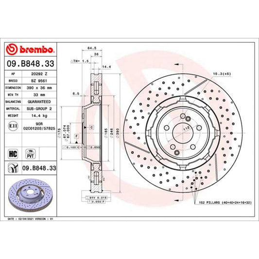 Brembo 09.B848.33 High-Carbon Cast Iron Coated Internally Vented Brake Disc / Rotor 390mm x 36mm, 5-Stud 5-Bolt 5-Hole | OE Spec OEM Direct Fit Replacement | Anti-Corrosion, Low Noise Performance