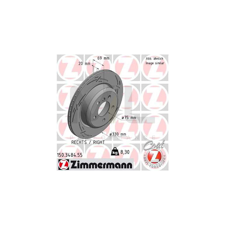 Zimmermann Black Z 150.3484.55 High Carbon Slotted/Grooved Internally Vented Coated Brake Disc/Rotor 330mm for BMW 5 Series – Performance Upgrade, Anti-Corrosion, OE Quality Fast Road Replacement