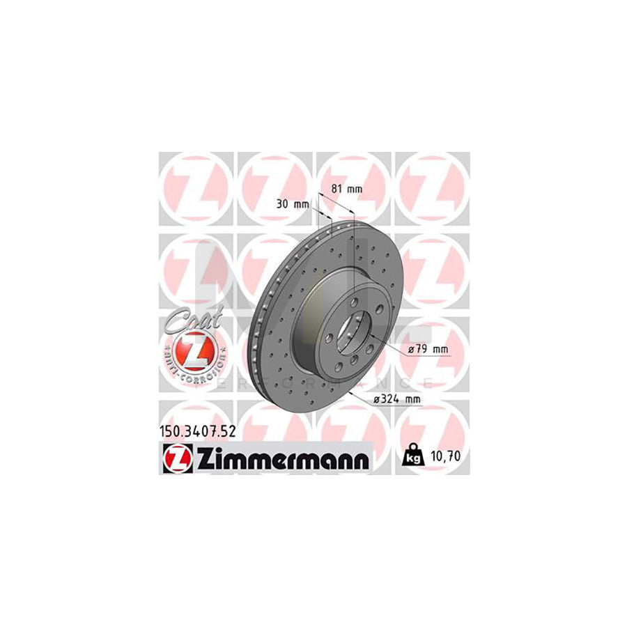 Zimmermann Sport Coat Z Brake Disc/Brake Rotor 150.3407.52 for BMW 7 Series E65 E66 E67 (2001–2008) – 324x30mm, Cross Drilled & Vented, High Carbon, Anti-Corrosion Coated, Performance OE Replacement