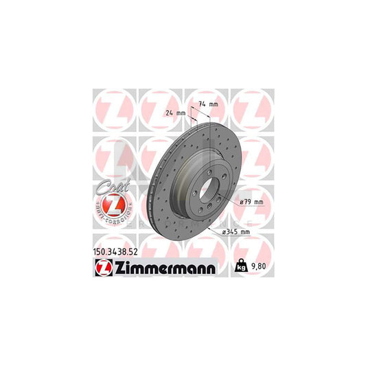 Zimmermann Coat Z Sport Brake Disc Rotor 150.3438.52 (150343852) for BMW 7 Series E65 E66 E67 (2001-2008), 345mm x 24mm, High-Carbon, Cross-Drilled & Vented, Anti-Corrosion Coated Performance Replacement Brake Disc