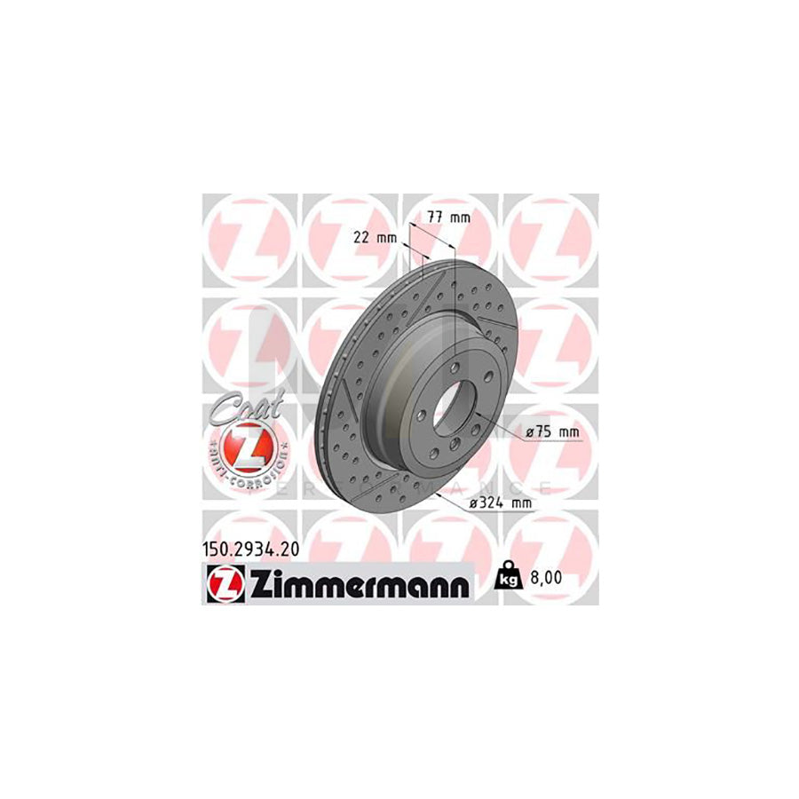 Zimmermann COAT Z 150.2934.20 High-Carbon Brake Disc Rotor for BMW 1 Series F20/F21 | 324x22mm Vented, Grooved & Dimpled (Slotted) | Anti-Corrosion Coated Performance OEM Upgrade