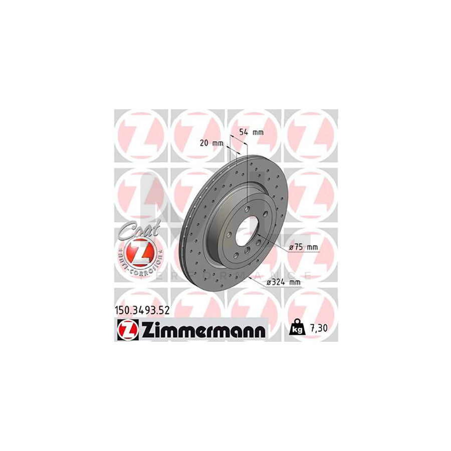 Zimmermann Sport Coat Z Brake Disc/Brake Rotor 150.3493.52 for BMW Z4 E89 Roadster (2009-2016) 324x20mm - Cross-Drilled (Perforated), Vented, High-Carbon, Anti-Corrosion Coated, OEM Fit Performance Upgrade