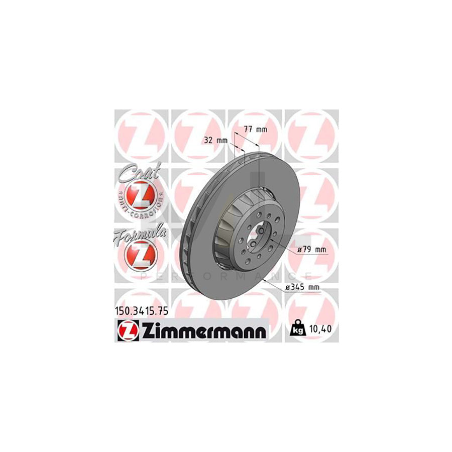 Zimmermann Formula Z Coat Z Brake Disc/Brake Rotor 150.3415.75 (150341575) for BMW E39 5 Series (incl M5) - Front Two-Piece Vented High-Carbon Anti-Corrosion Coated 345 x 32 mm Composite Direct-Fit Replacement
