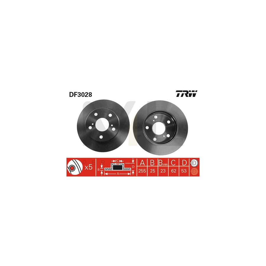 TRW DF3028 Ventilated Brake Disc Rotor 255mm x 25mm, 5-Stud (5-Hole, 5-Bolt) - OE/OEM Spec Direct Fit Replacement | Vented Car Brake Disc | Part No DF3028 UK