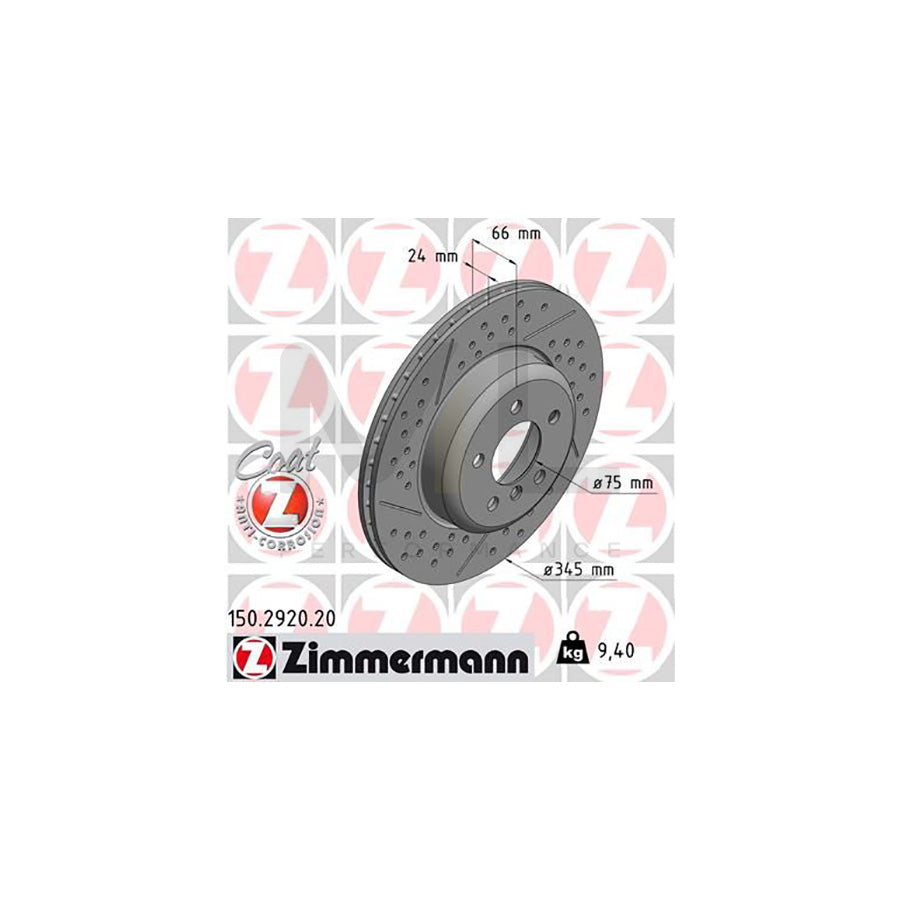 Zimmermann COAT Z 150.2920.20 Front Brake Disc/Rotor 345mm x 24 Vented - Slotted & Dimpled, High Carbon, Anti-Corrosion Coated | Grooved Performance Front Axle Replacement, Rust Resistant, OE Quality
