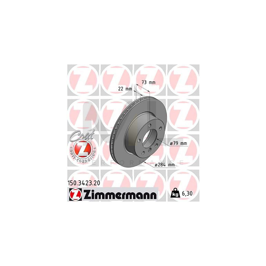 BMW 1 Series Brake Disc 284 mm - Zimmermann Coat Z 150.3423.20, Internally Vented, High-Carbon, Anti-Corrosion Coated OE Rotor