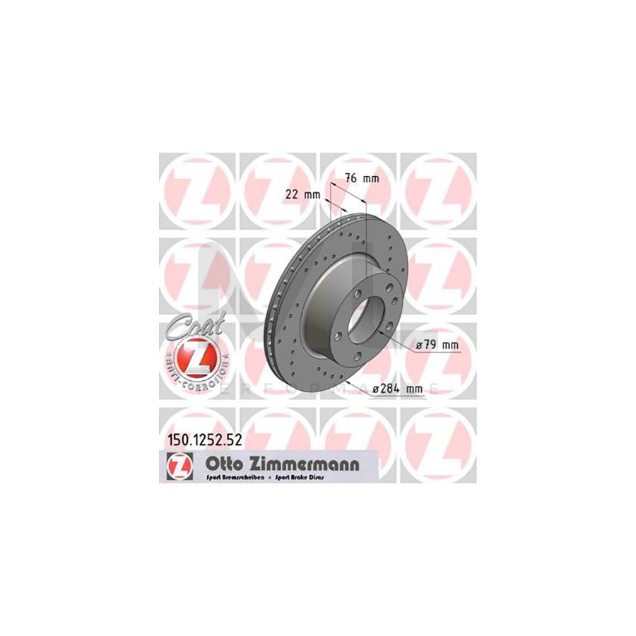 Zimmermann Coat Z Sport Brake Disc/Brake Rotor 150.1252.52 – BMW 5 Series E28 Saloon/Sedan (1981-1988), 284mm, Cross-Drilled/Perforated, Vented, Anti-Corrosion Coated – Performance Fast Road Upgrade