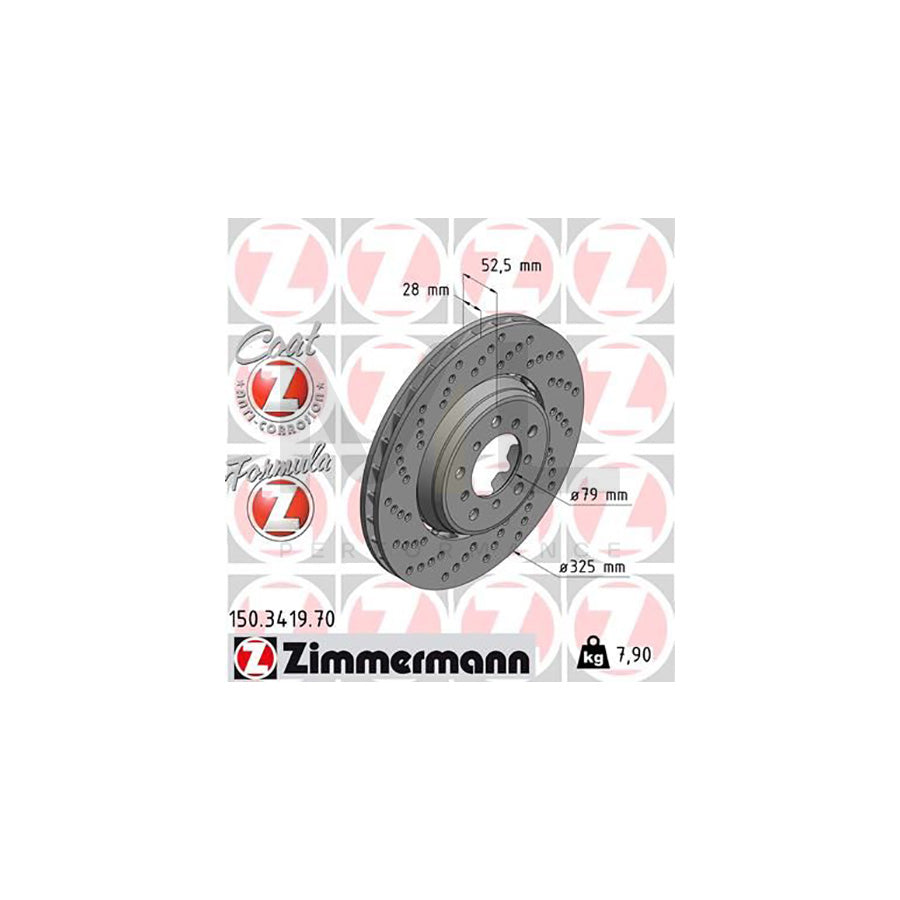 Zimmermann Formula Z Coat Z Brake Disc Rotor 150.3419.70 for BMW 3 Series – Performance Cross-Drilled/Perforated, Vented, Two-Piece, High-Carbon, Anti-Corrosion Coated, 325mm x 28mm