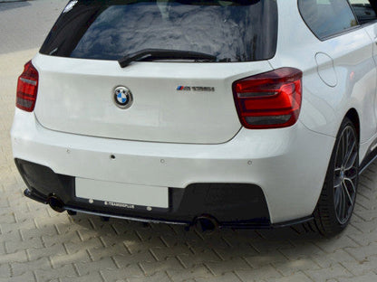 Maxton Design Gloss Piano Black Rear Diffuser Insert/Valance/Apron/Bumper Lip with Vertical Fins for BMW 1 Series F20 F21 M Sport M-Power 2011-2017 (Pre-LCI/LCI) ABS Lower Splitter Undertray