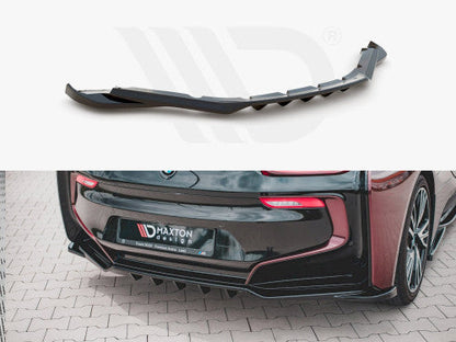 BMW i8 Rear Diffuser & Centre Rear Splitter Insert with Vertical Fins – Gloss Piano Black ABS – Maxton Design Rear Valance Lip Skirt Trim – Fits 2014-2020 Coupe & Roadster – OEM+ Aero Body Kit Rear Bumper Lip Extension