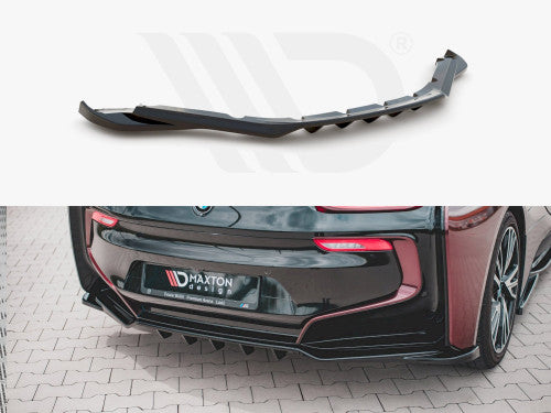 BMW i8 Rear Diffuser & Centre Rear Splitter Insert with Vertical Fins – Gloss Piano Black ABS – Maxton Design Rear Valance Lip Skirt Trim – Fits 2014-2020 Coupe & Roadster – OEM+ Aero Body Kit Rear Bumper Lip Extension
