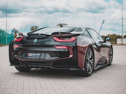 BMW i8 Rear Diffuser & Centre Rear Splitter Insert with Vertical Fins – Gloss Piano Black ABS – Maxton Design Rear Valance Lip Skirt Trim – Fits 2014-2020 Coupe & Roadster – OEM+ Aero Body Kit Rear Bumper Lip Extension