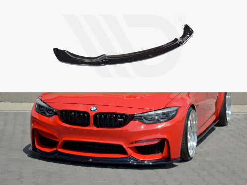 Maxton Design V1 Gloss Black Front Splitter / Front Lip Spoiler for BMW M3 F80 Saloon/Sedan 2014-2019 - Chin Spoiler, Front Bumper Lip, Front Skirt, Lower Valance, Front Apron, Air Dam - ABS Piano Black