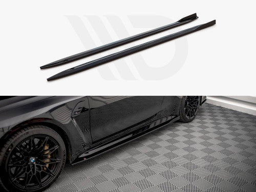 BMW M4 G82 2021+ Side Skirts Diffusers / Sill Extensions - Maxton Design V1 Gloss Piano Black ABS Side Blades Rocker Splitters / Side Lips (Pair with Fitting Kit) Coupe/Competition
