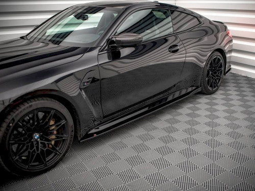 BMW M4 G82 2021+ Side Skirts Diffusers / Sill Extensions - Maxton Design V1 Gloss Piano Black ABS Side Blades Rocker Splitters / Side Lips (Pair with Fitting Kit) Coupe/Competition