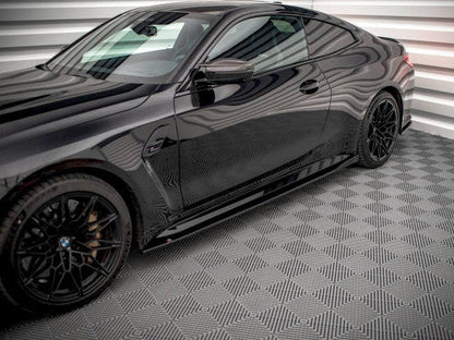 BMW M4 G82 2021+ Side Skirts Diffusers / Sill Extensions - Maxton Design V1 Gloss Piano Black ABS Side Blades Rocker Splitters / Side Lips (Pair with Fitting Kit) Coupe/Competition