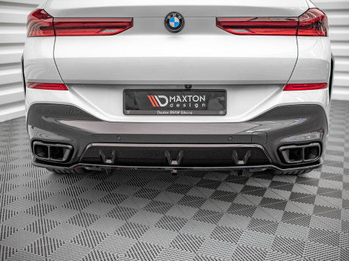 Maxton Design Gloss Piano Black Rear Diffuser/Centre Splitter with Vertical Fins for BMW X6 G06 M Sport (M-Pack) 2019-On - Rear Bumper Extension Valance Lip, Lower Spoiler Apron Insert
