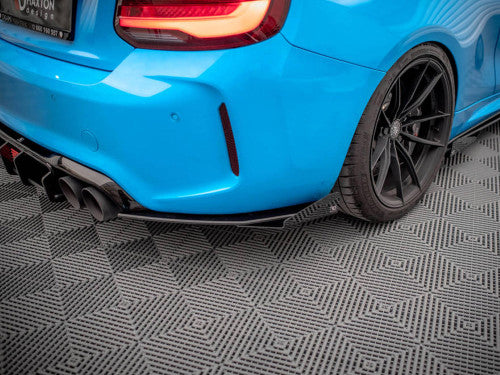 Maxton Design Street Pro Rear Bumper Extensions / Rear Side Splitters - Black Base + Gloss Black Flaps - BMW M2 F87 2016-2020 (Rear Spats, Corner Splitters, Valance/Lip Extensions)