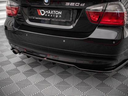 Maxton Design Gloss/Piano Black Centre/Center Rear Bumper Splitter with Vertical Fins - Diffuser Style Rear Lip/Skirt Extension/Under Spoiler/Valance - BMW 3 Series E90 Saloon/Sedan Pre-LCI 2004-2008