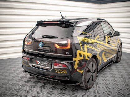 Maxton Design Gloss Piano Black Rear Lower Lip/Aero Spoiler Diffuser-Style Rear Centre Splitter with Vertical Fins for BMW i3 Mk1 LCI Facelift 2017-2022 - Rear Valance/Skirt/Bumper Extension Trim