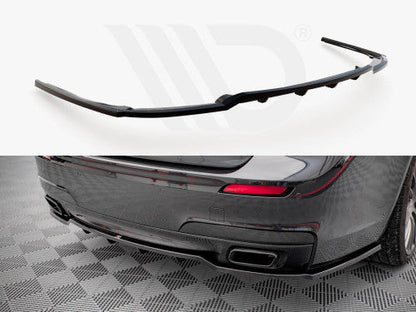 Maxton Design Gloss Piano Black Rear Centre/Center Splitter, Diffuser-Style Valance Insert & Bumper Lip with Vertical Fins for BMW 7 Series F01 M Sport (M Pack) Saloon 2008-2013