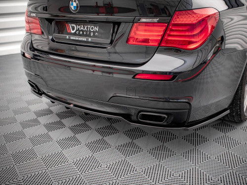 Maxton Design Gloss Piano Black Rear Centre/Center Splitter, Diffuser-Style Valance Insert & Bumper Lip with Vertical Fins for BMW 7 Series F01 M Sport (M Pack) Saloon 2008-2013