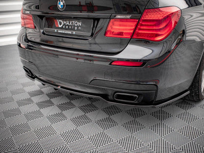 Maxton Design Gloss Piano Black Rear Centre/Center Splitter, Diffuser-Style Valance Insert & Bumper Lip with Vertical Fins for BMW 7 Series F01 M Sport (M Pack) Saloon 2008-2013
