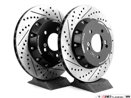 ECS Tuning 2-Piece Lightweight Rear Brake Discs/Rotors 328mm x 20mm - Semi-Floating, Drilled, Slotted/Grooved Performance Set - Fits BMW E46 M3 3.2 & E39 M5 5.0 - Direct Fit OEM Caliper Compatible - Track Day Fast Road Upgrade Pair